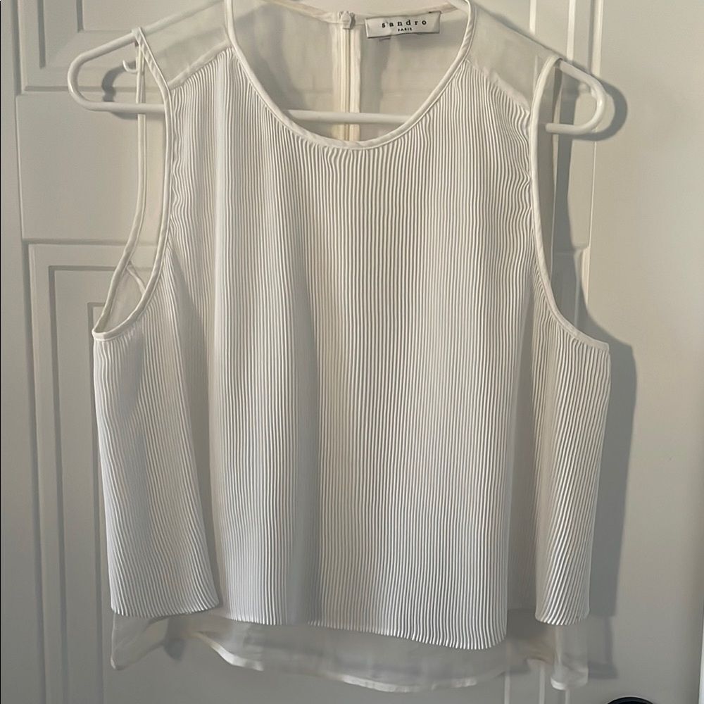 Sandro Pleated White Cropped Boxy Tank Top